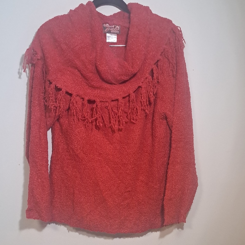 April Cornell Red Cowl Neck Sweater with Fringe